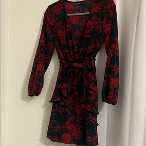 Chic Black and Red Floral Long Sleeve Dress
